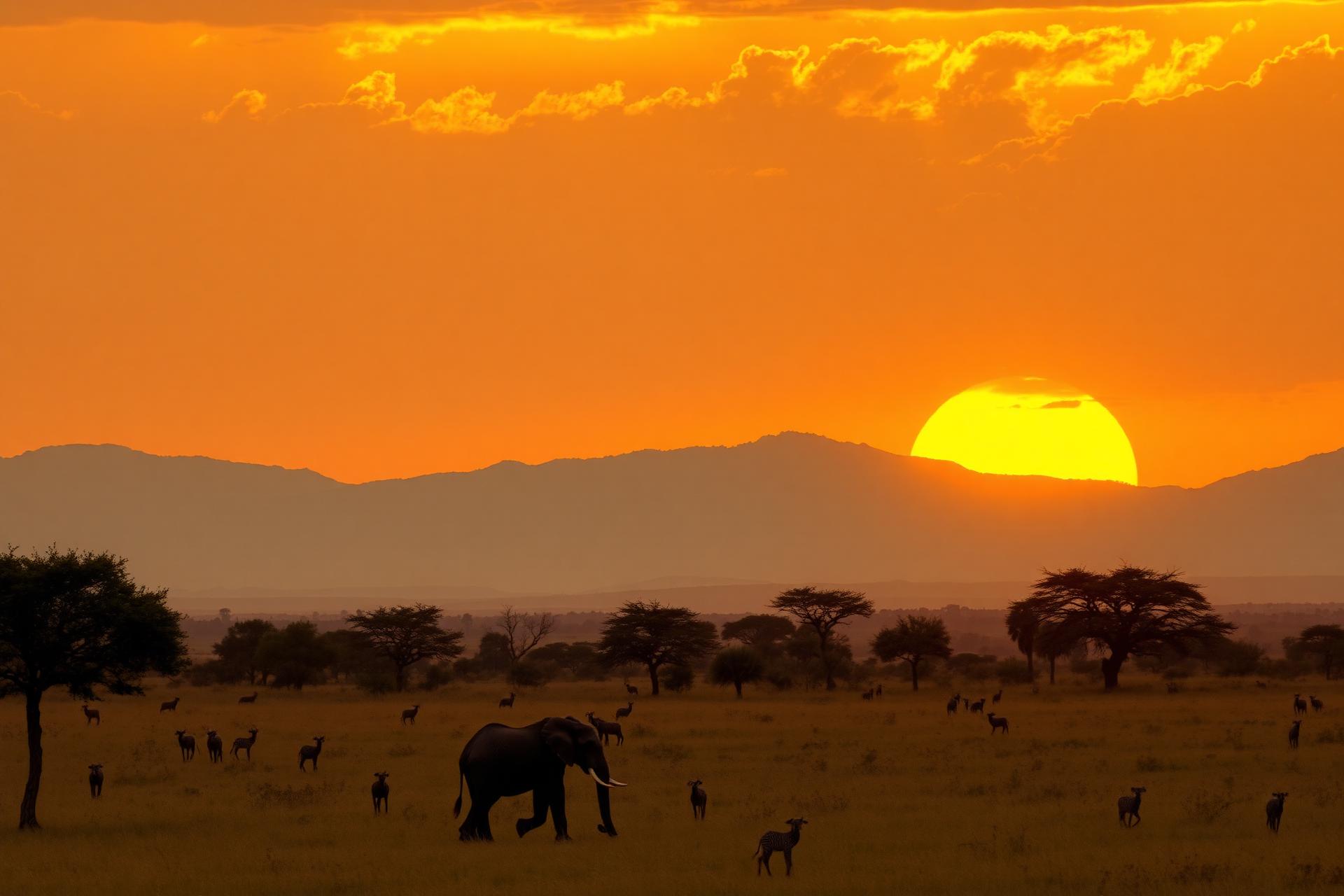 African savannah at sunset with elephants and acacia trees