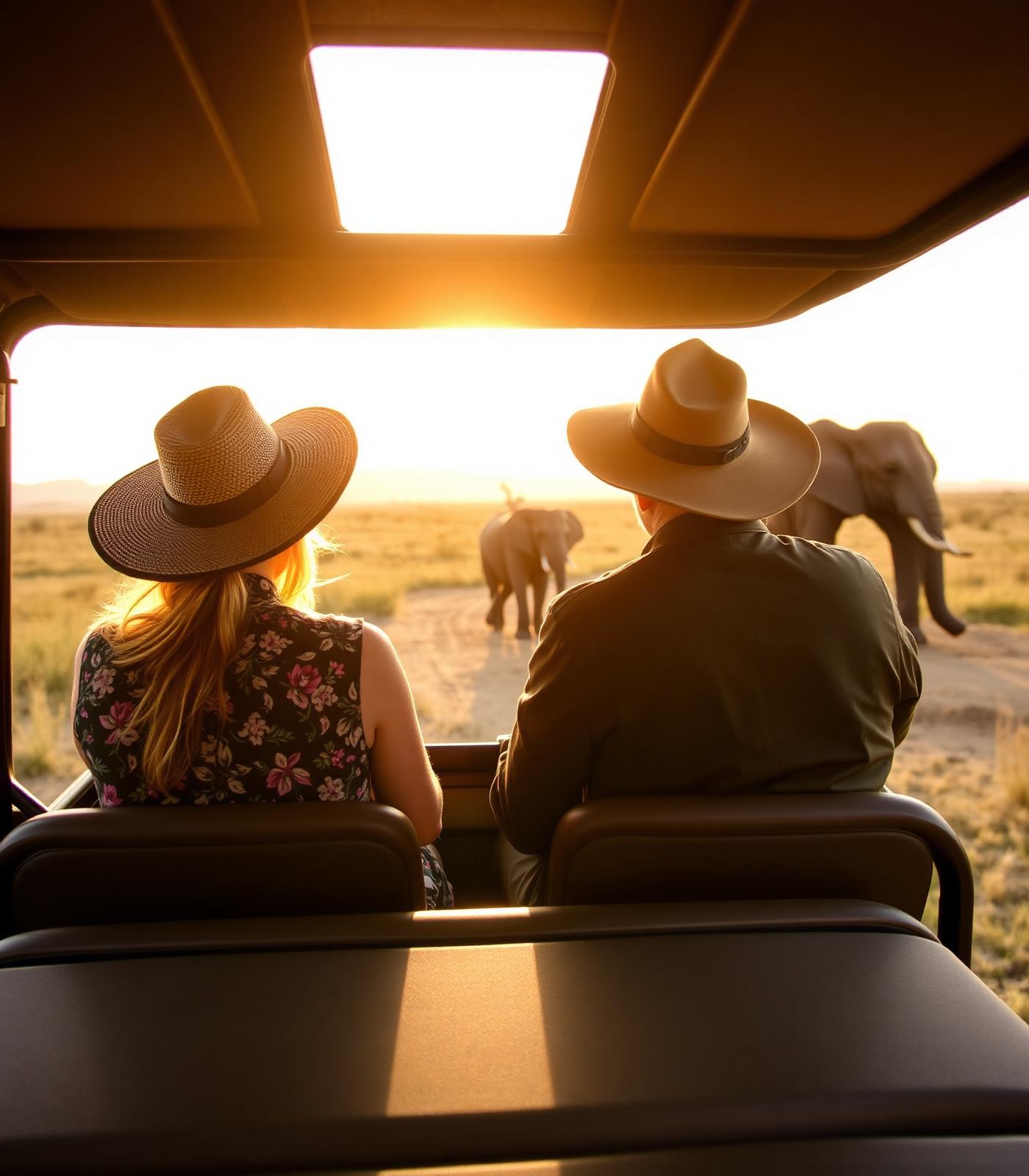 Guests watching elephants on safari at sunrise